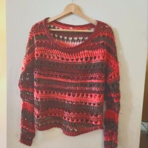 90's retro  layer open crochet sweater pink and brown distressed style